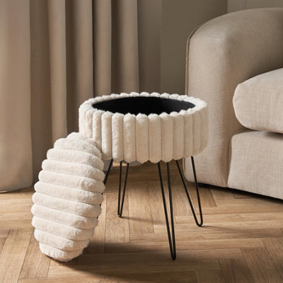 OHS Faux Fur Stool Hairpin Ribbed Fleece Round Vanity Seat CushionedCream from B&Q