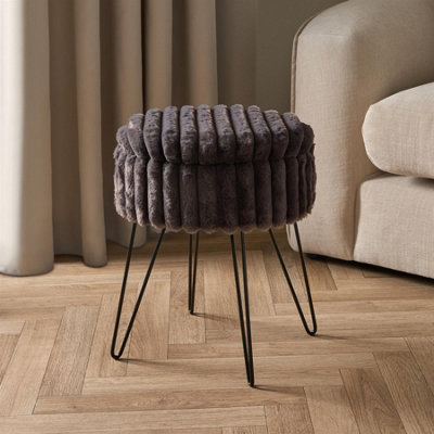 OHS Faux Fur Stool Hairpin Ribbed Fleece Round Vanity Seat CushionedCharcoal from B&Q