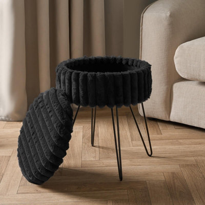 OHS Faux Fur Stool Hairpin Ribbed Fleece Round Vanity Seat CushionedBlack from B&Q