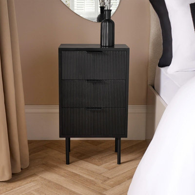 OHS Ribbed Bedside Table Modern Bedroom 3 Draw Office NightstandBlack from B&Q