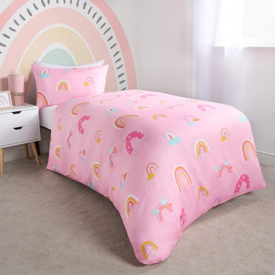 OHS Rainbow Duvet Cover Bedding Set Quilt Pillowcase ReversiblePinkSingle from B&Q