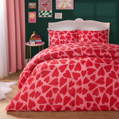 OHS Heart Duvet Cover Quilt Pillowcase Microfibre Bedding SetRedKing from B&Q