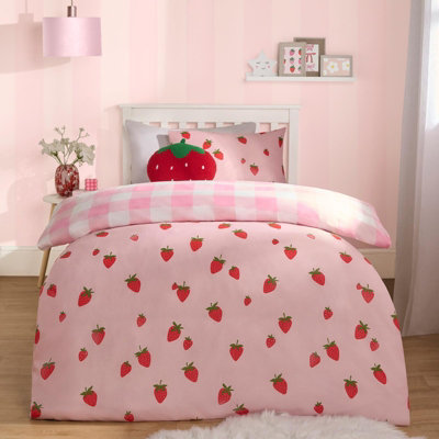 OHS Strawberry Duvet Cover Quilt Set Reversible Check Gingham BeddingPinkDouble from B&Q