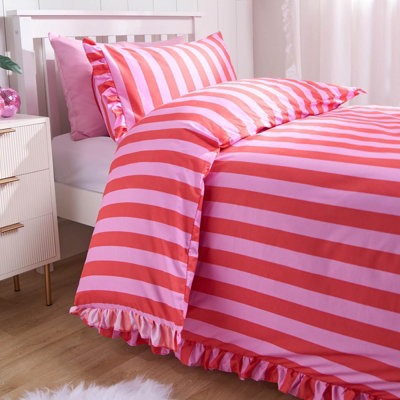 OHS Frill Duvet Cover Bedding Set Pillowcase Stripe Quilt LuxuryPinkDouble from B&Q