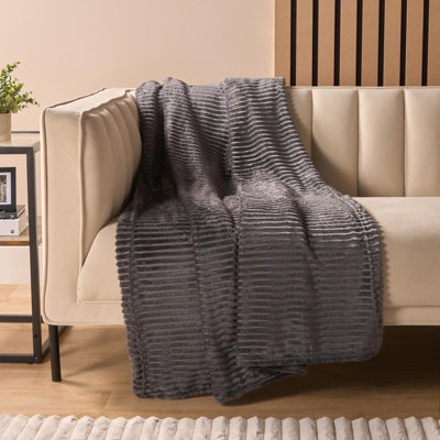 OHS Ribbed Fleece Throw Over Bed Blanket Plush Supersoft Travel BedspreadCharcoal from B&Q