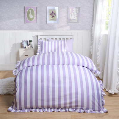 OHS Frill Duvet Cover Bedding Set Pillowcase Stripe Quilt LuxuryLilacDouble from B&Q