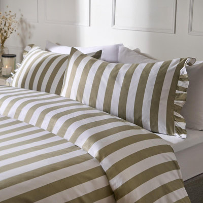 OHS Frill Duvet Cover Bedding Set Pillowcase Stripe Quilt LuxurySageDouble from B&Q