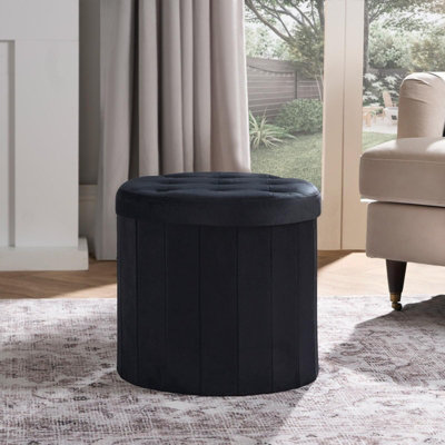 Ohs Unisex Black Matte Velvet Round Ottoman Stool Storage Seat Footstool Tub In - Image 3