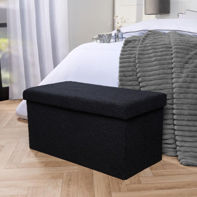 OHS Ottoman Storage Box Folding Footstool Space Saving BoucleRectangleBlack from B&Q