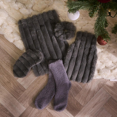 OHS Ribbed Faux Fur Hot Water Bottle Gift Set Includes Socks Eye Mask Scrunchie from B&Q