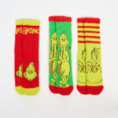 Ohs Pair Xmas Grinch Fluffy Warm Fleece Bed Socks Size 3