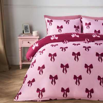 OHS Microfibre Reversible Bow Print Duvet Cover With Pillowcase Bedding Set from B&Q