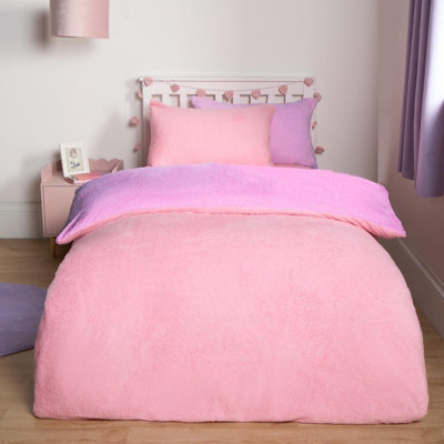 OHS Reversible Teddy Duvet Cover With PillowcasePink/lilacDouble from B&Q