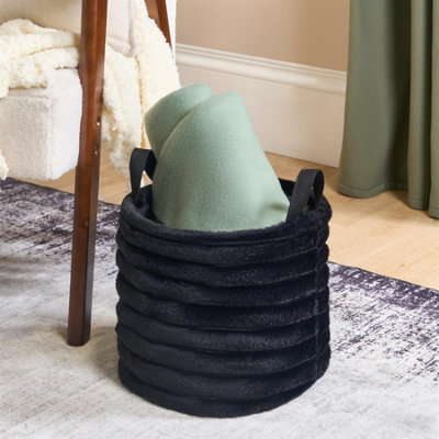 Ohs Ribbed Faux Fur Storage Basket With Handles Compact Bucket OrganiserBlack from B&Q