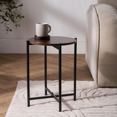 Ohs Round Side Table Coffee End Tables Nightstand With Metal FrameDark Wood from B&Q