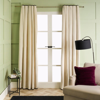Ohs Cream Piped Edge Velvet Curtains Thermal Eyelet Blackout, - 90X90" Size 2