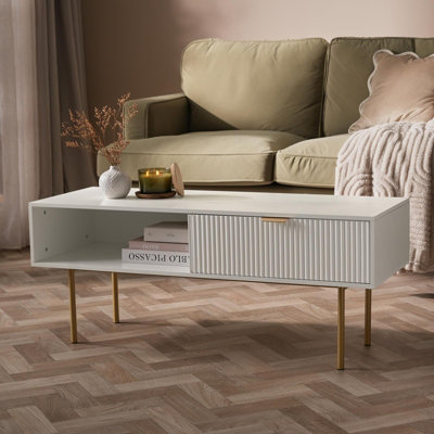 Ohs Ribbed Coffee Table With Drawer Engineered Wood Shelf Storage Home DecorWhite from B&Q