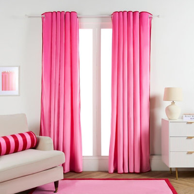 Ohs Pink Piped Edge Velvet Curtains Thermal Eyelet Blackout, - 90X90" Size 2