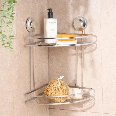 B&Q -  2 Tier Suction Shower Caddy Bathroom Corner Wall ShelfSilver