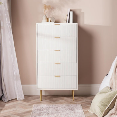 B&Q -  Ribbed Bedside Table 5 Drawer Modern Nightstand Office CabinetWhite