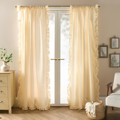 Ohs Stripe Frill Voile Net Curtain Pair Window Panels Slot Top SetLemon from B&Q