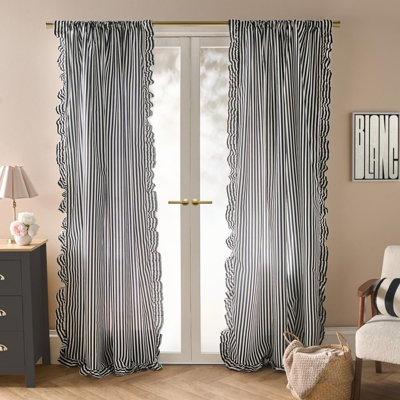 Ohs Stripe Frill Voile Net Curtain Pair Window Panels Slot Top SetBlack from B&Q