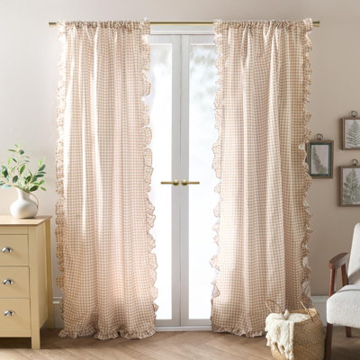Ohs Gingham Frill Voile Net Curtain Pair Window Panels Slot Top SetNatural from B&Q