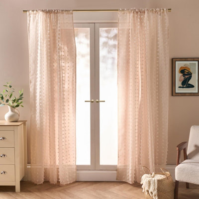 Ohs Tufted Pompom Voile Net Curtain Pair Window Panels Slot Top SetNatural from B&Q