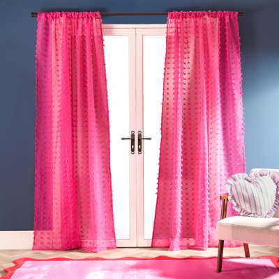 Ohs Tufted Pompom Voile Net Curtain Pair Window Panels Slot Top SetHot Pink from B&Q