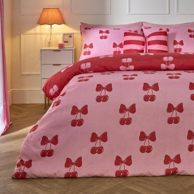 Ohs Cherry Bow Bedding Set Microfibre Reversible Duvet Cover With PillowcasePink/redDouble from B&Q