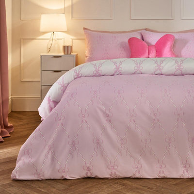 Ohs Bow Lattice Bedding Set Microfibre Reversible Duvet Cover With PillowcasePink/whiteSingle from B&Q