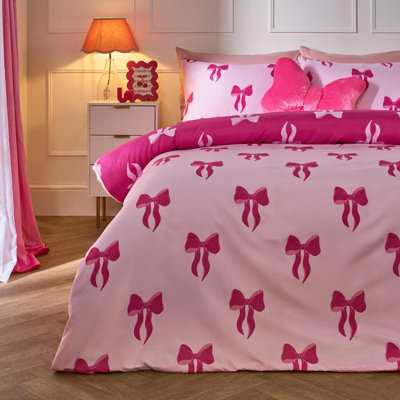 Ohs Bows Microfibre Reversible Bedding Set Duvet Cover With PillowcasePinkKing from B&Q