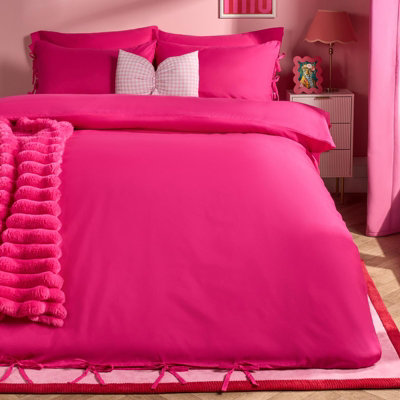 B&Q -  Bow Tie Solid Dye Duvet Cover Set Bedding With PillowcaseHot PinkKing