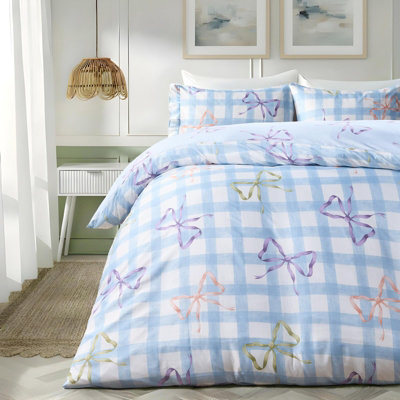 Ohs Bow Gingham Bedding Set Microfibre Duvet Cover With PillowcaseBlue/whiteSingle from B&Q