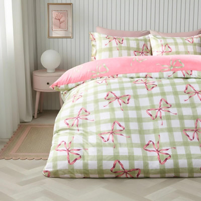 Ohs Bow Gingham Bedding Set Microfibre Duvet Cover With PillowcaseGreen/whiteKing from B&Q