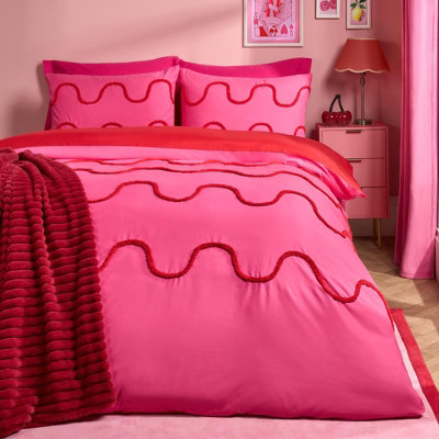 B&Q -  Tufted Wave Bedding Set Modern Duvet Cover With PillowcaseHot Pink/redDouble