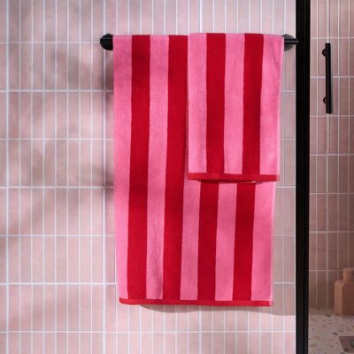 Ohs Stripe 100% Cotton Hand Towel Hotel Quality Soft AbsorbentPink2Pc from B&Q