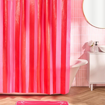 B&Q -  Stripe Mould Proof Shower Curtain With 12 HooksPink