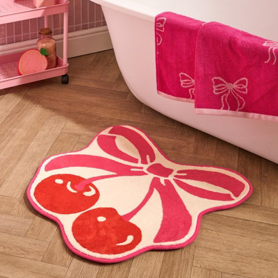 Ohs Cherry Bow Novelty Bath Mat Soft Velvet Quick Dry Non-Slip Shower Rug from B&Q