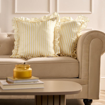 Ohs 2 X Bengal Stripe Faux Linen Frill Cushion CoversLemon from B&Q
