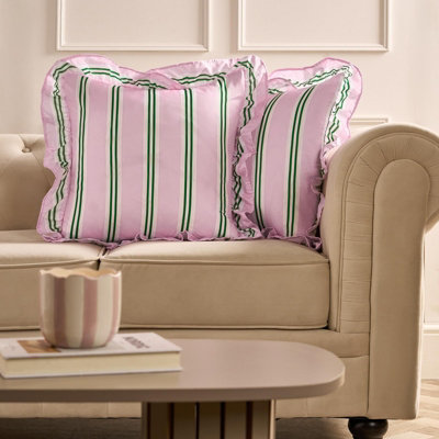 Ohs 2 X Double Stripe Faux Linen Frill Cushion CoversPink/green from B&Q