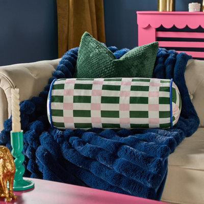 Ohs Checkerboard Matte Velvet Bolster Pillow Soft Cylindrical CushionGreen/pink from B&Q