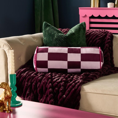 Ohs Checkerboard Matte Velvet Bolster Pillow Soft Cylindrical Cushion from B&Q