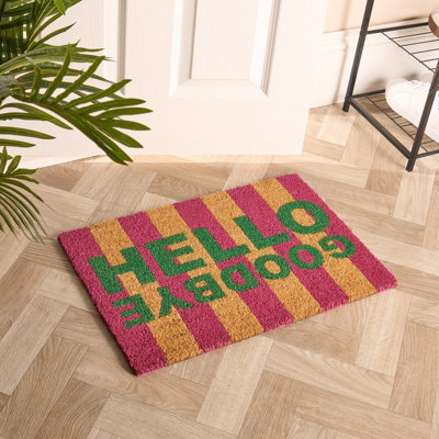 Ohs Stripes Coir Doormat Hello Goodbye Slogan Non Slip Door Rug from B&Q