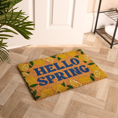 Ohs Lemon Print Coir Doormat Hello Spring Slogan Non Slip Door Rug from B&Q