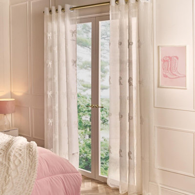 Ohs Tufted Bows Voile Net Curtain Pair Window Panels Slot Top SetCream from B&Q