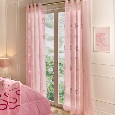 Ohs Tufted Bows Voile Net Curtain Pair Window Panels Slot Top SetPink from B&Q