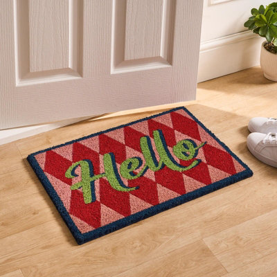 Ohs Hello Slogan Coir Doormat Diamond Check Non Slip Door Rug from B&Q