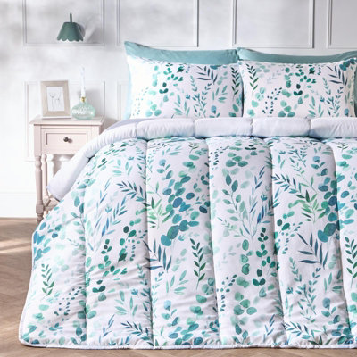 Ohs Unisex Light Green Floral Coverless 10.5 Tog Duvet Set Pillowcase Quilted Cover In | Size: Single - Image 3
