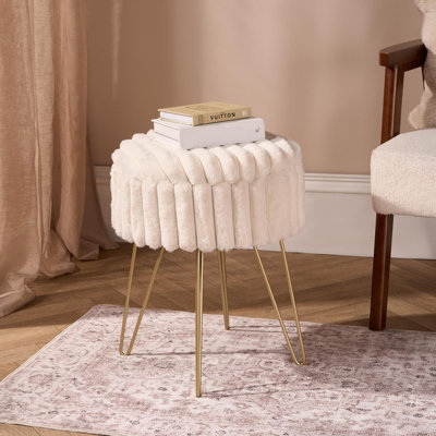Ohs Faux Fur Stool Hairpin Ribbed Fleece Round Vanity Seat Cushioned Foot Rest Chair from B&Q